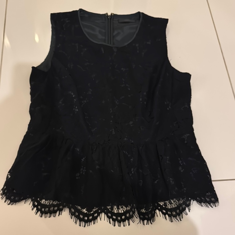 J. Crew Black Sleeveless Peplum Blouse with Lace Trim
